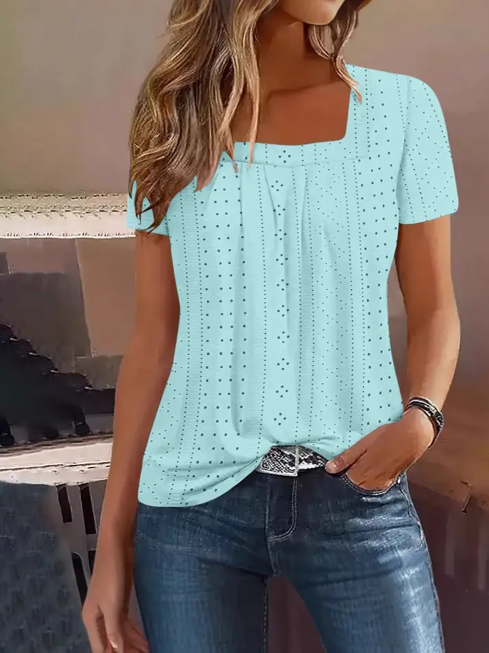 Women Loose Square Neck Short Sleeve Top Green Summer Casual