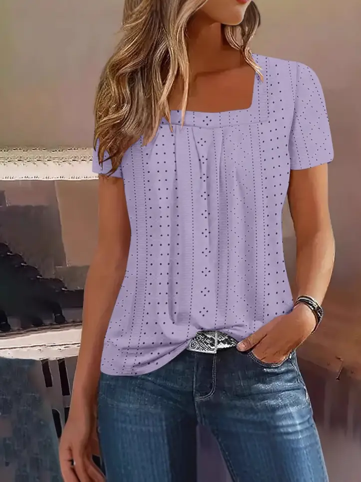 Women Loose Square Neck Short Sleeve Top Green Summer Casual