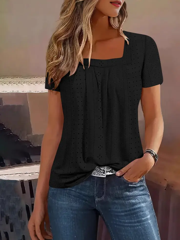 Women Loose Square Neck Short Sleeve Top Green Summer Casual