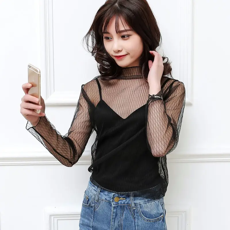 Black Mesh Long Sleeve Top Korean Style Women
