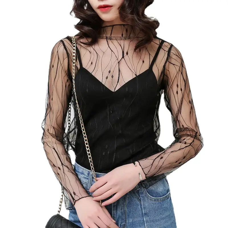 Black Mesh Long Sleeve Top Korean Style Women