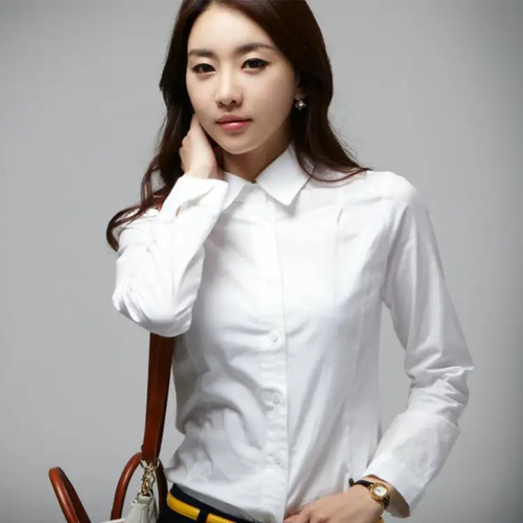 Women White Slim Fit Long Sleeve Business Shirt Large Size