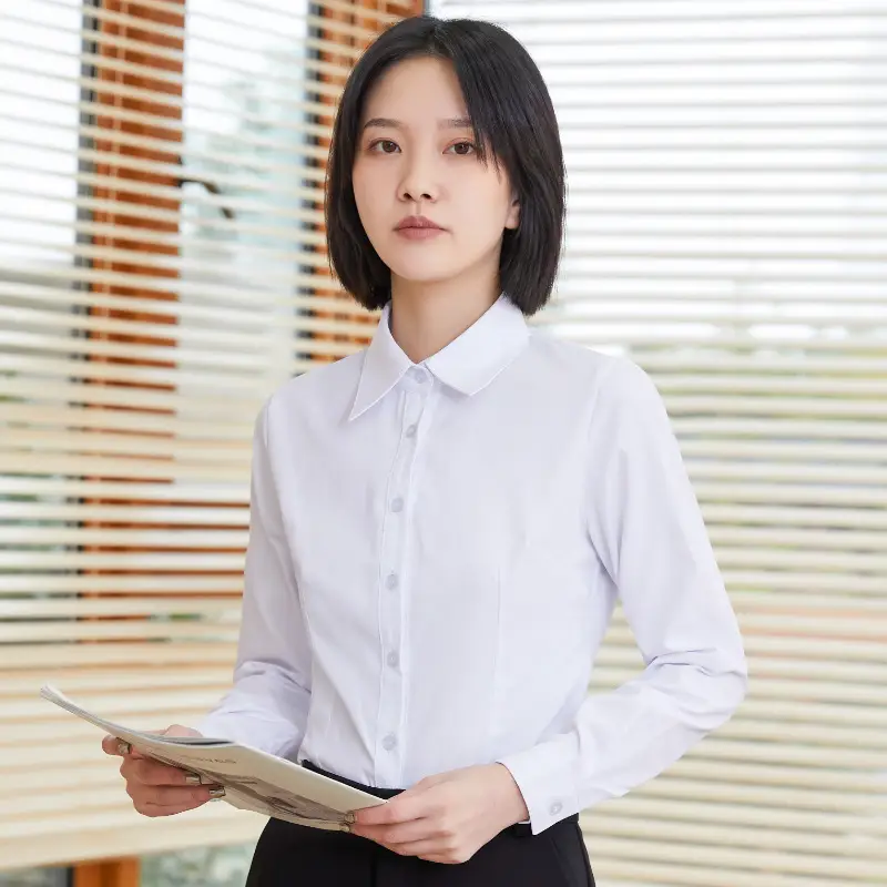 Women White Slim Fit Cotton Business Shirt Short Sleeve