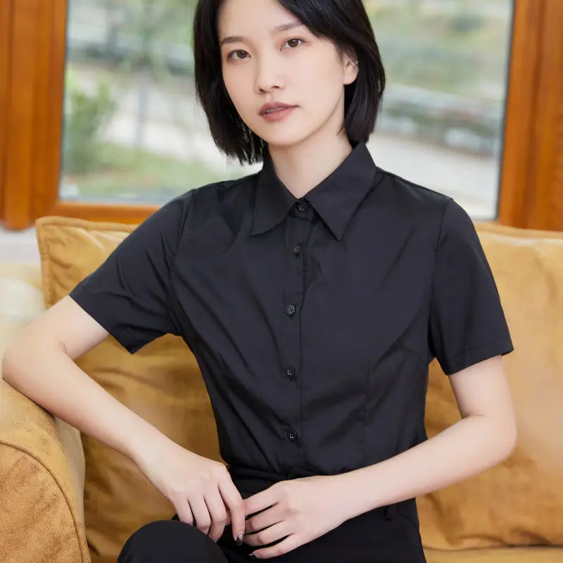 Women White Slim Fit Business Shirt Short Sleeve Cotton
