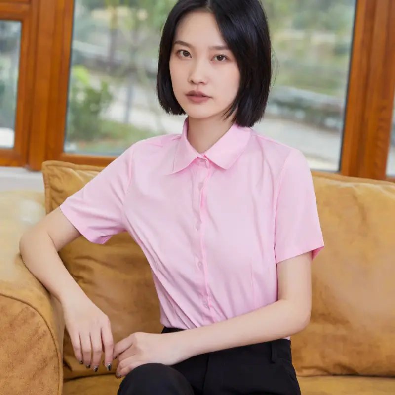 Women White Slim Fit Business Shirt Short Sleeve Cotton