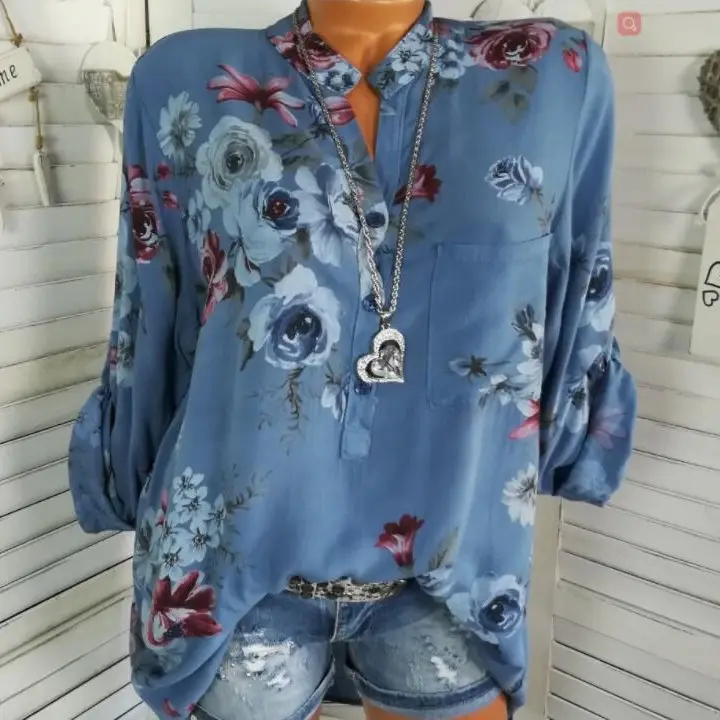 Women Floral Print Long Sleeve Shirt Blue Elegant Casual Wear