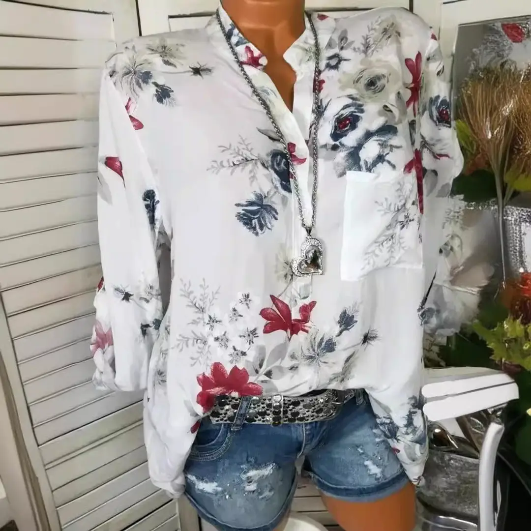 Women Floral Print Long Sleeve Shirt Blue Elegant Casual Wear