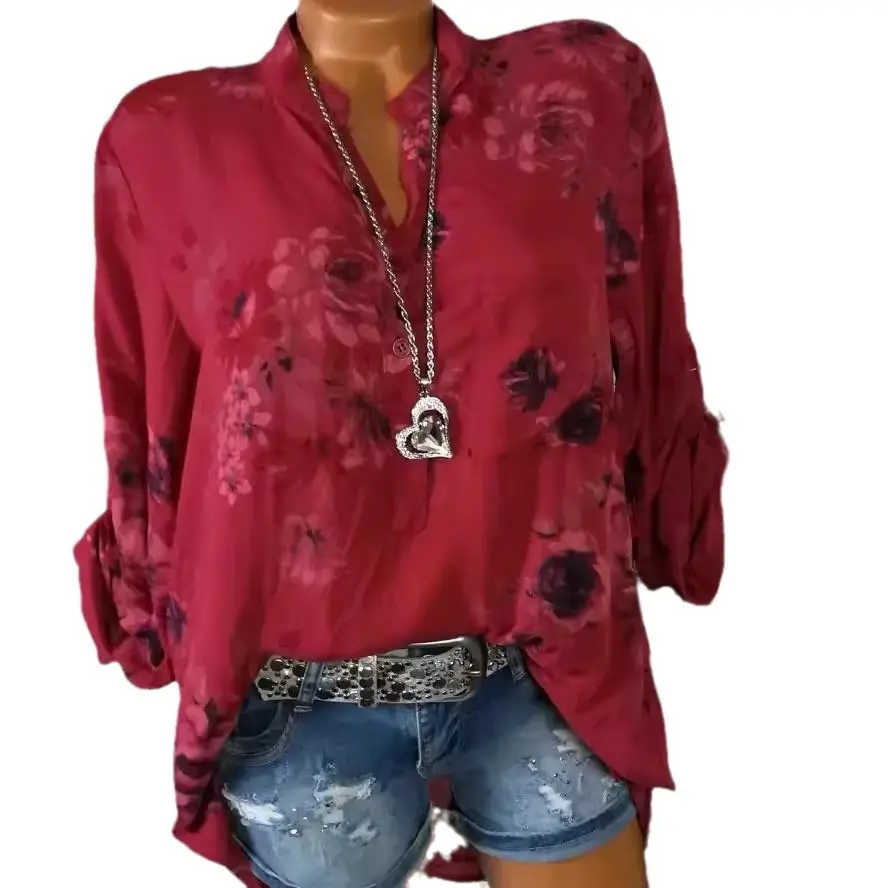 Women Floral Print Long Sleeve Shirt Blue Elegant Casual Wear