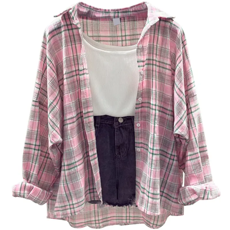 Women Pink Plaid Loose Shirt Summer 2024