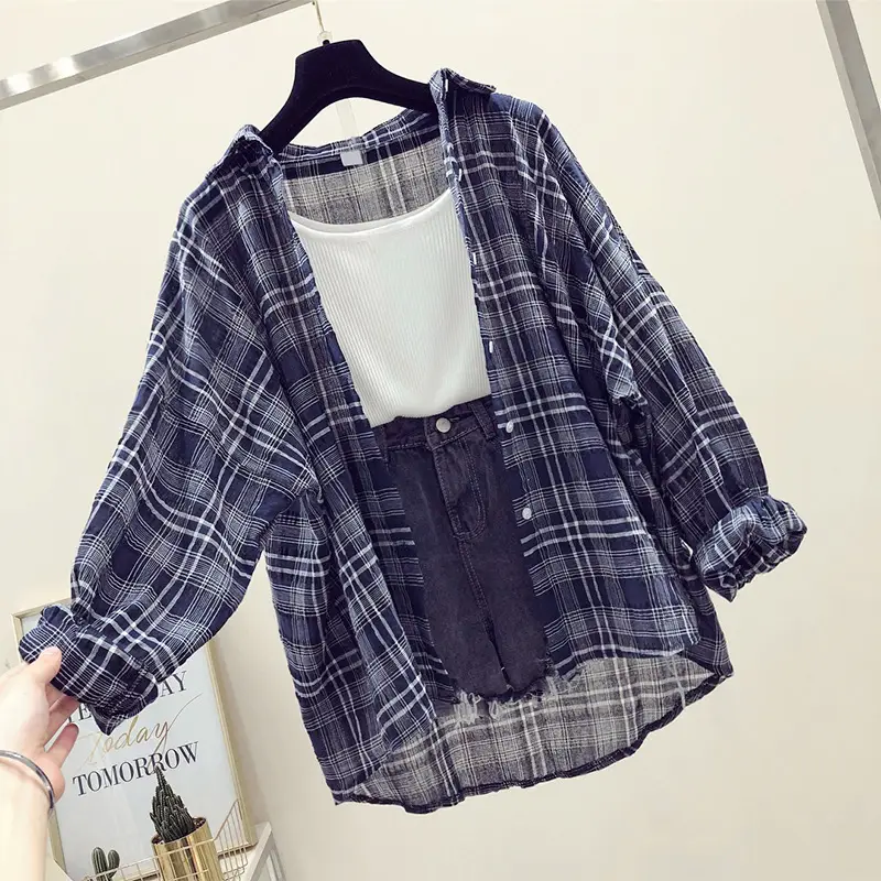 Women Pink Plaid Loose Shirt Summer 2024