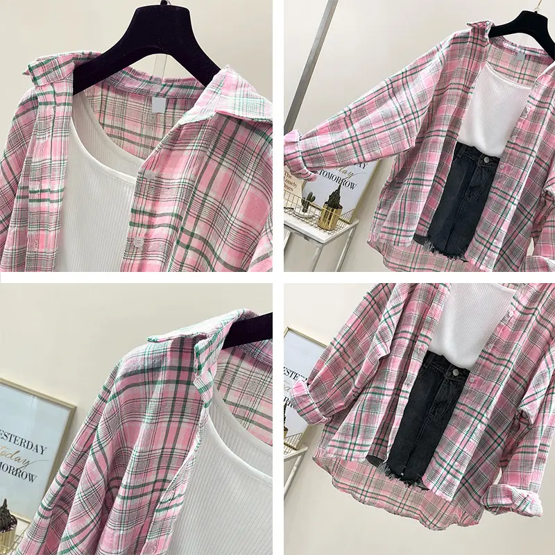 Women Pink Plaid Loose Shirt Summer 2024