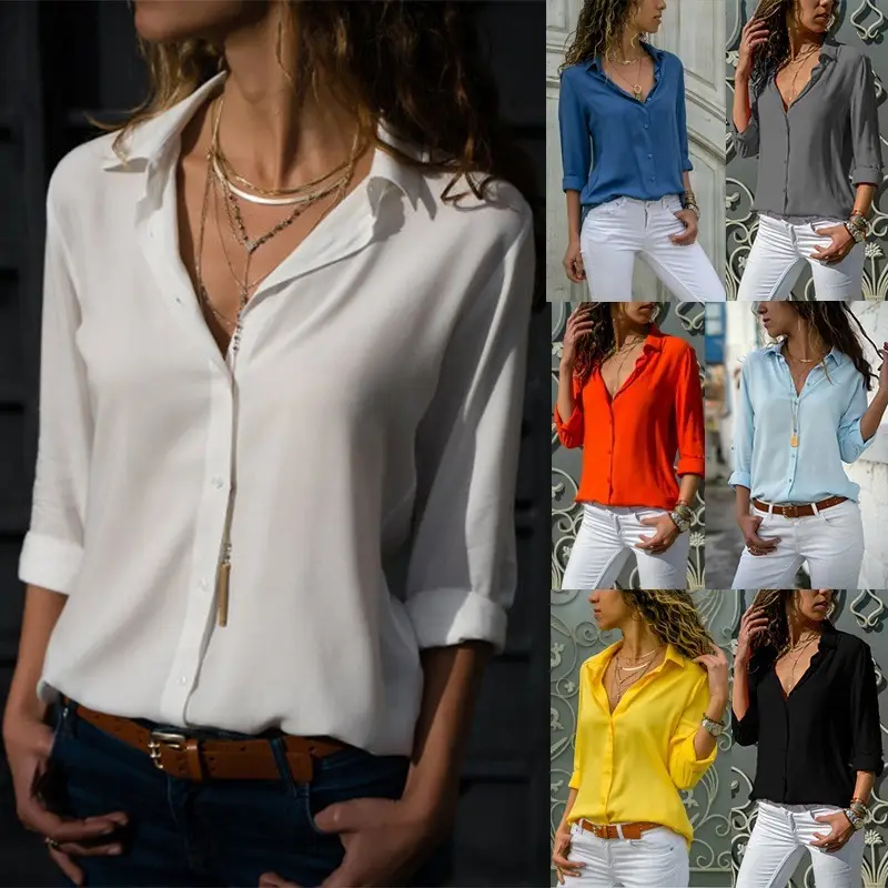 Women's Chiffon Deep V Button Shirt Long Sleeve White