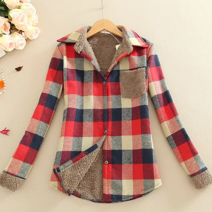 Women Plaid Warm Shirt Long Sleeve Slim Fit Autumn Winter