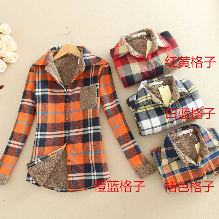Women Plaid Warm Shirt Long Sleeve Slim Fit Autumn Winter