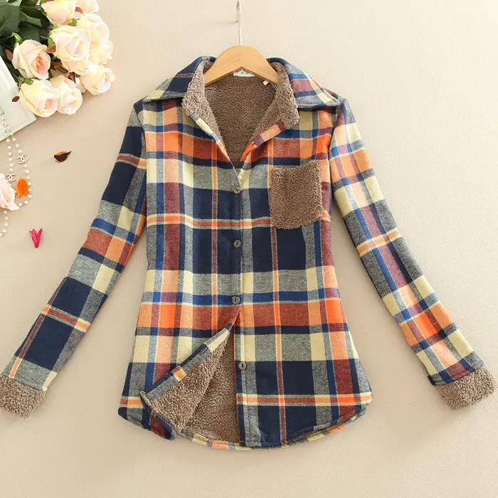 Women Plaid Warm Shirt Long Sleeve Slim Fit Autumn Winter