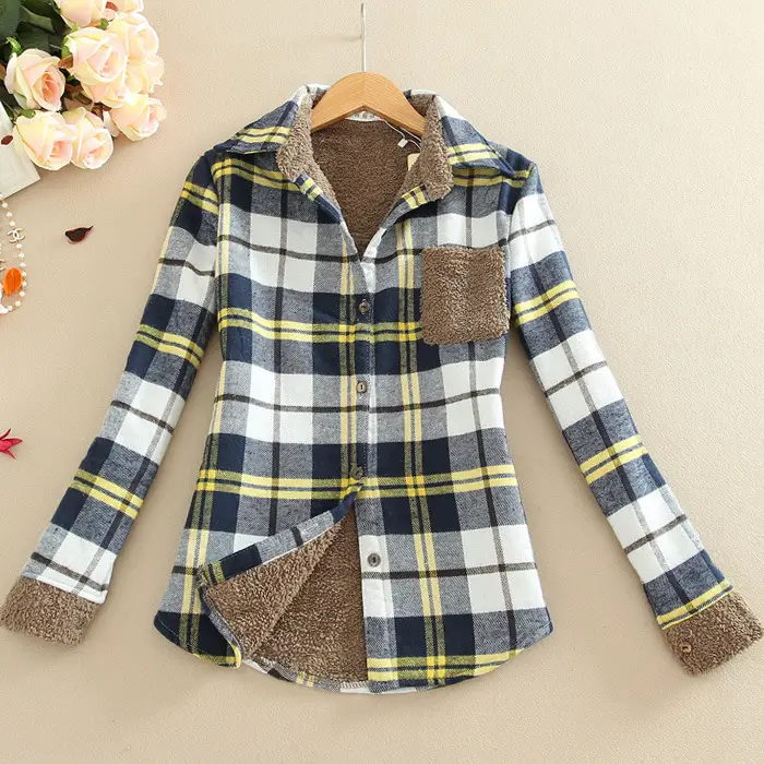 Women Plaid Warm Shirt Long Sleeve Slim Fit Autumn Winter