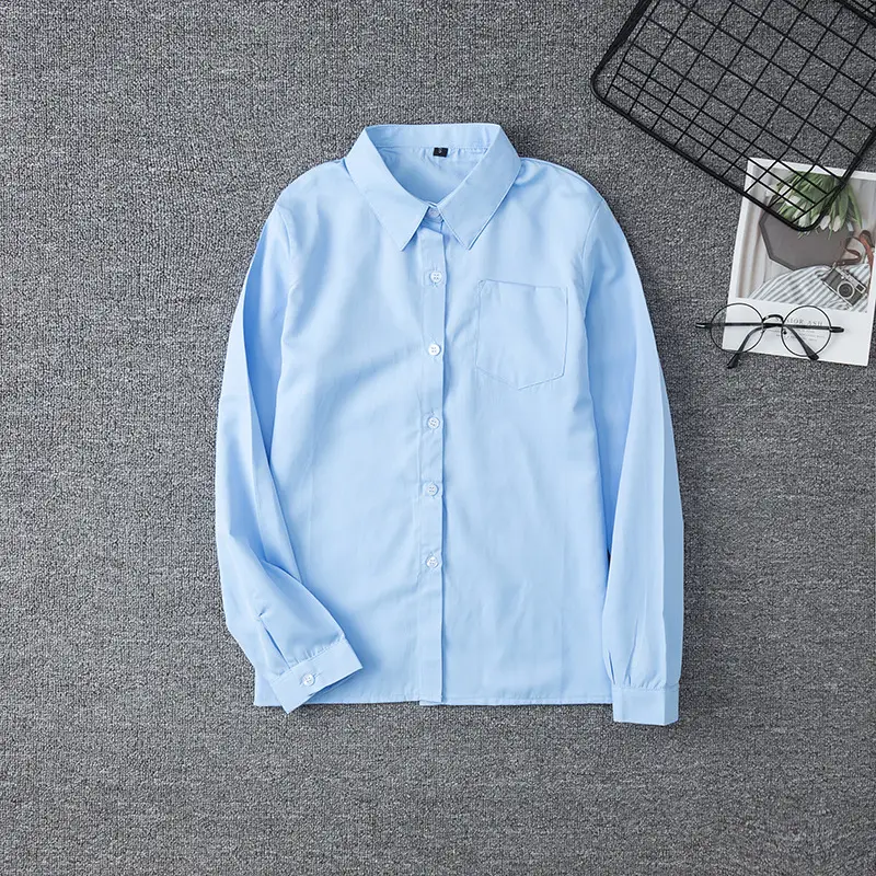 Blue Long Sleeve School Uniform Shirt Point Collar Women