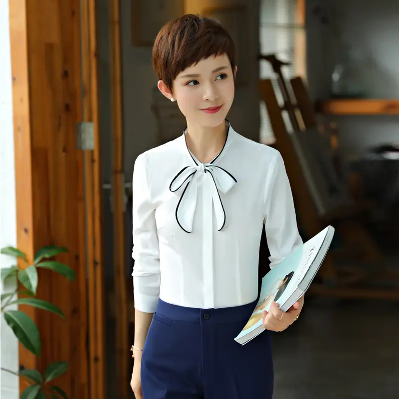 White Long Sleeve Bow Shirt for Women Office Autumn Slim Fit