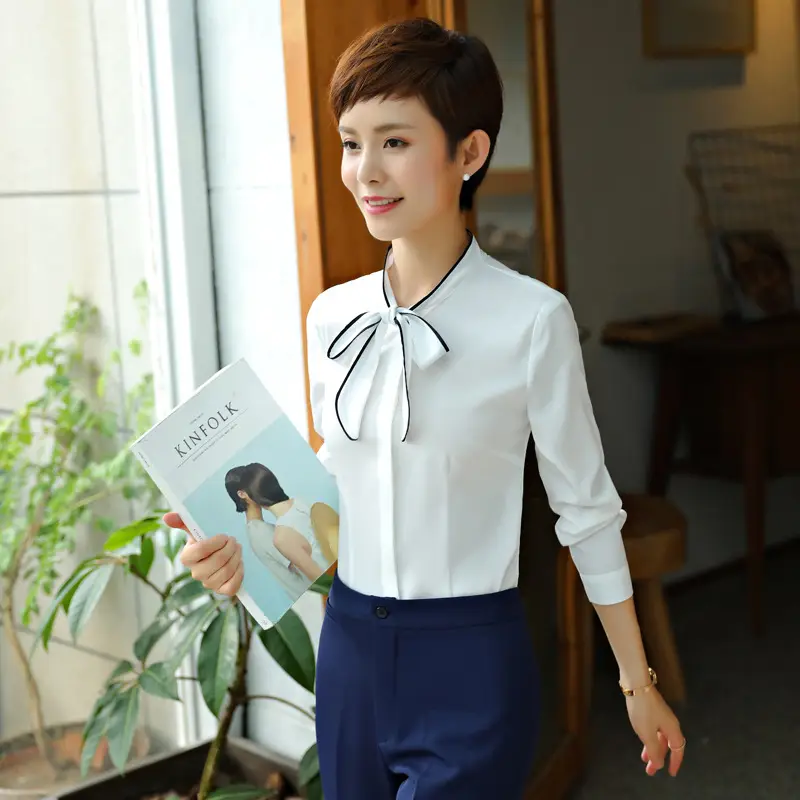 White Long Sleeve Bow Shirt for Women Office Autumn Slim Fit