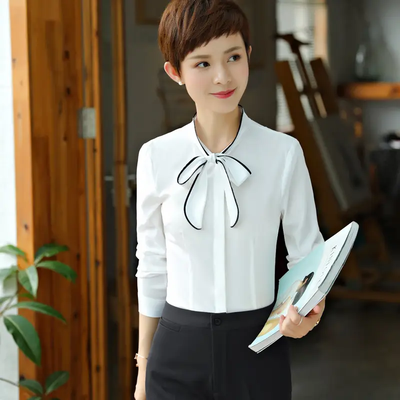 White Long Sleeve Bow Shirt for Women Office Autumn Slim Fit