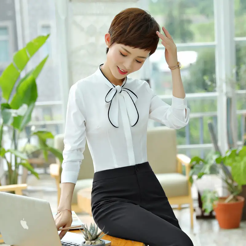 White Long Sleeve Bow Shirt for Women Office Autumn Slim Fit