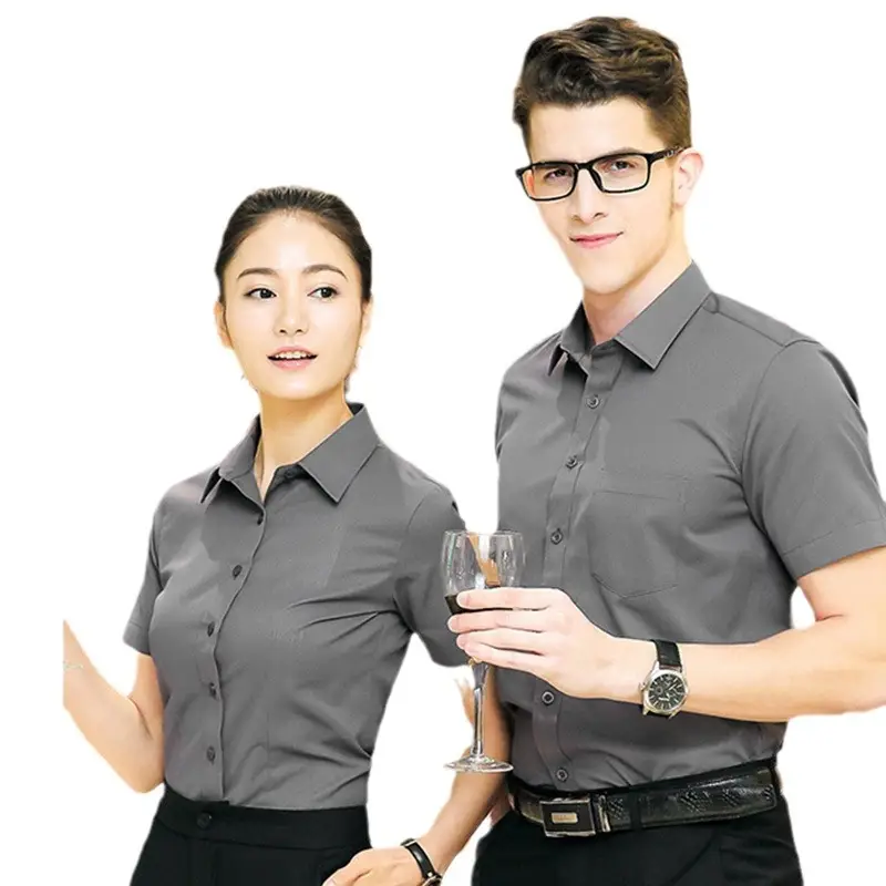 Men Women Red Short Sleeve Professional Twill Shirt Summer Office Workwear