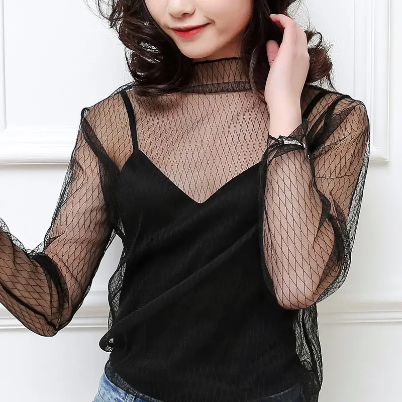 Black Mesh Long Sleeve Top Korean Style Women