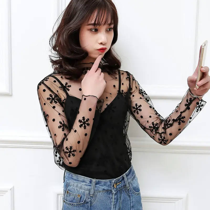 Black Mesh Long Sleeve Top Korean Style Women