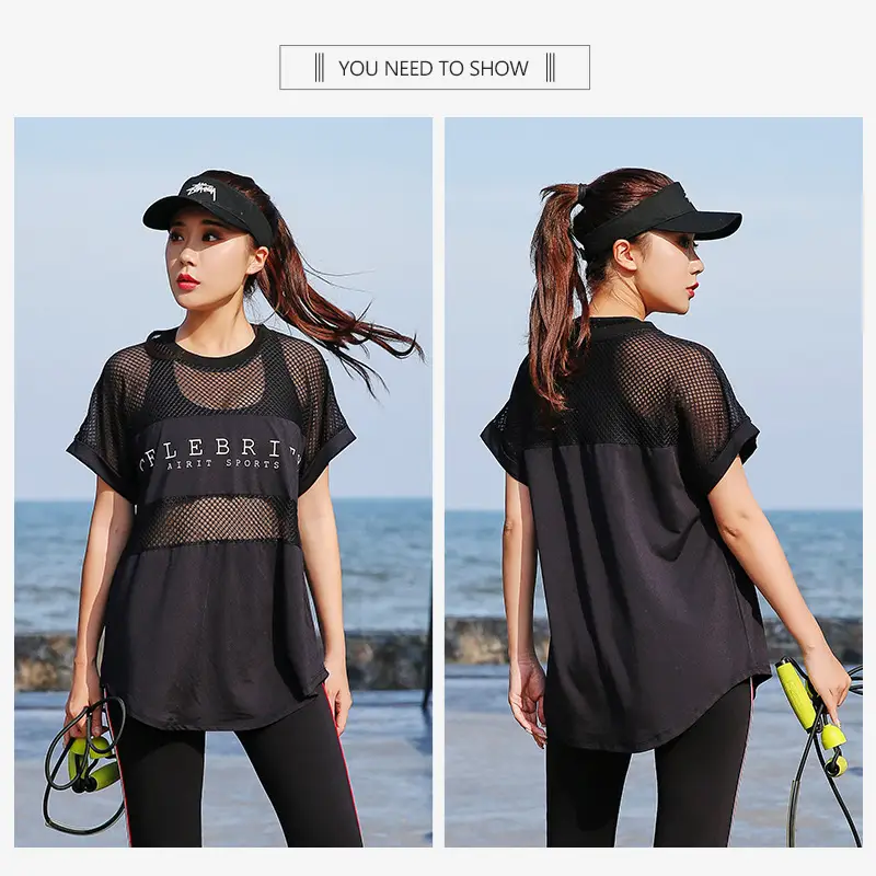 Plus Size Black Mesh Yoga T-Shirt for Women Summer Sports
