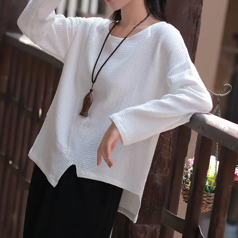 Women Loose Red Cotton Linen Long Sleeve Top