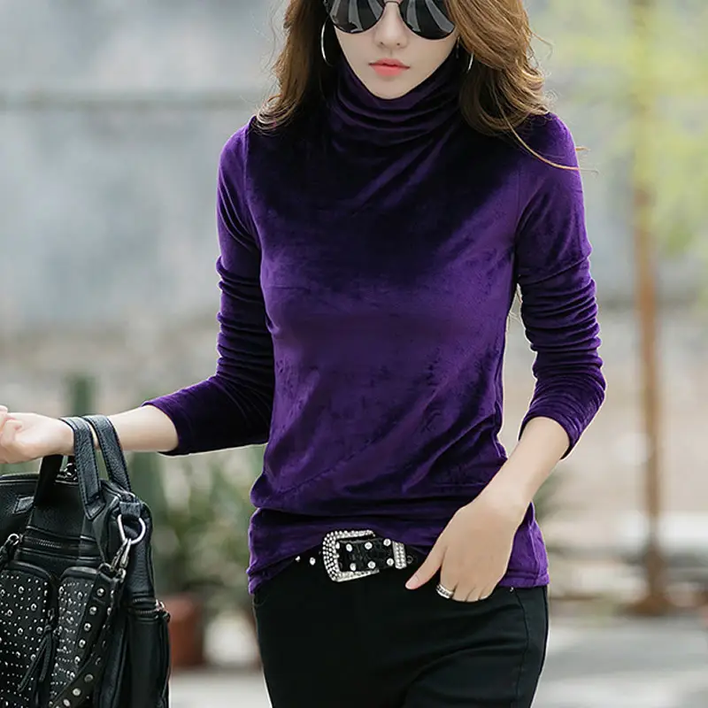 Women Velvet High Collar Long Sleeve Shirt Autumn Gold Slim Fit