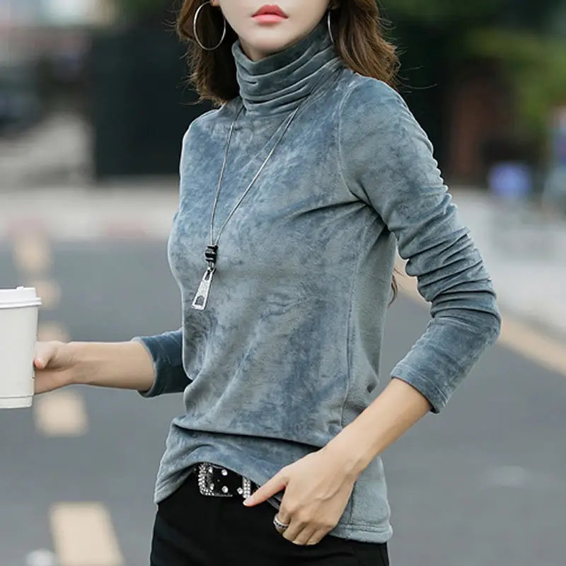 Women Velvet High Collar Long Sleeve Shirt Autumn Gold Slim Fit