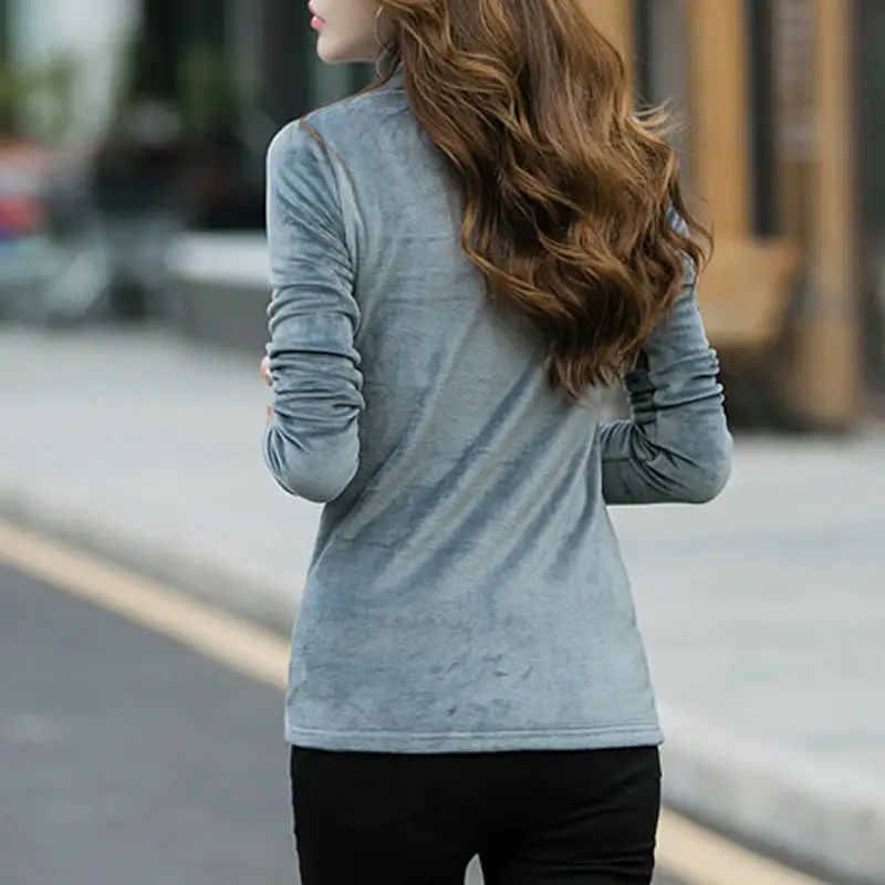 Women Velvet High Collar Long Sleeve Shirt Autumn Gold Slim Fit