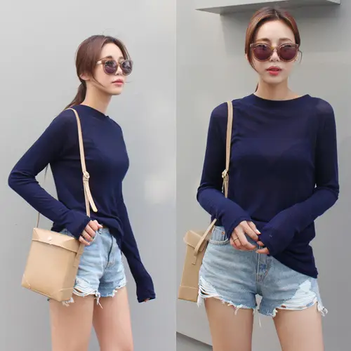 Light Blue Micro Transparent Long Sleeve Women Top