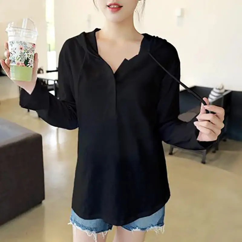 Women Hooded Button Cotton Long Sleeve Shirt White Loose Fit