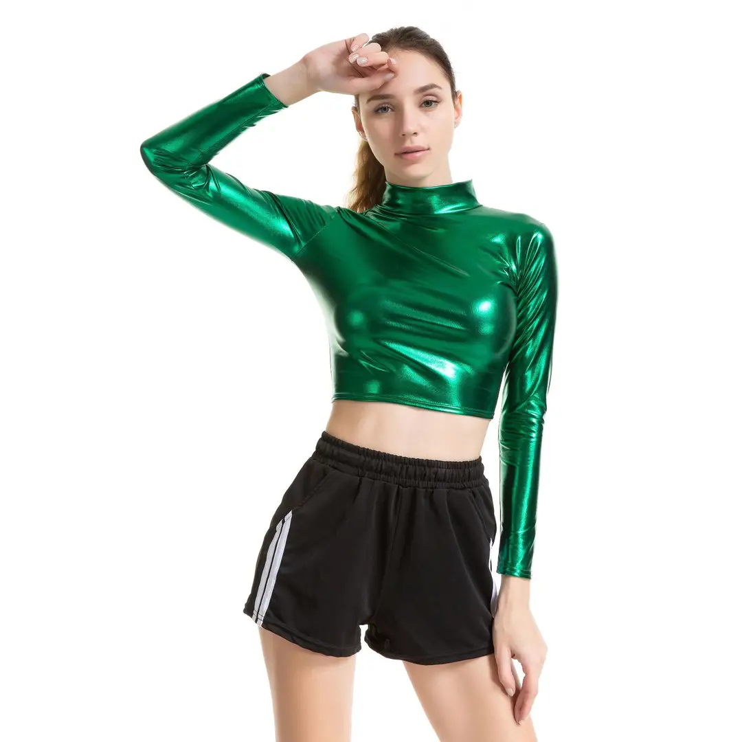 Women Gold Slim Patent Leather Long Sleeve Crop Top