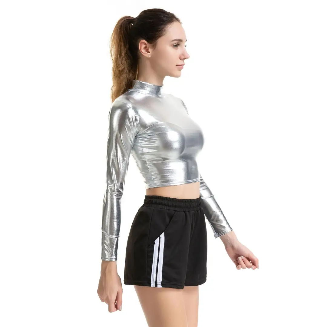Women Gold Slim Patent Leather Long Sleeve Crop Top