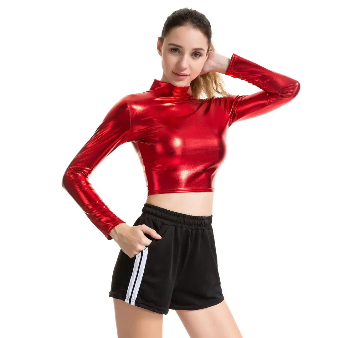Women Gold Slim Patent Leather Long Sleeve Crop Top