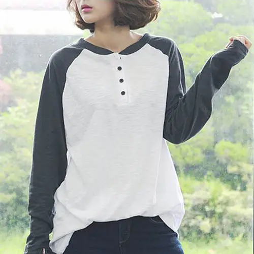 Women Loose Long Sleeve Button T-Shirt White Grey Korean Style Plus Size