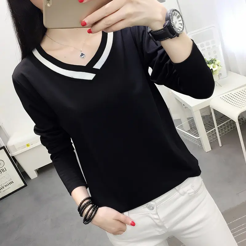 Women Loose Long Sleeve V-Neck T-Shirt Plus Size Black White Spring 2024