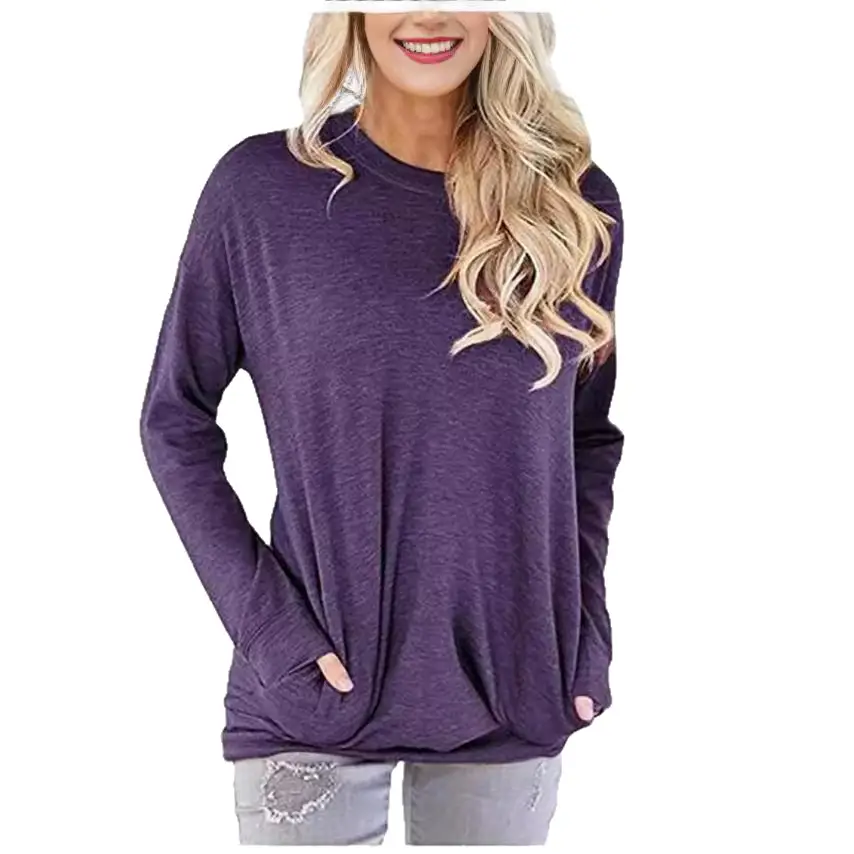Women Long Sleeve Pocket T-Shirt Autumn Round Neck Casual Wear