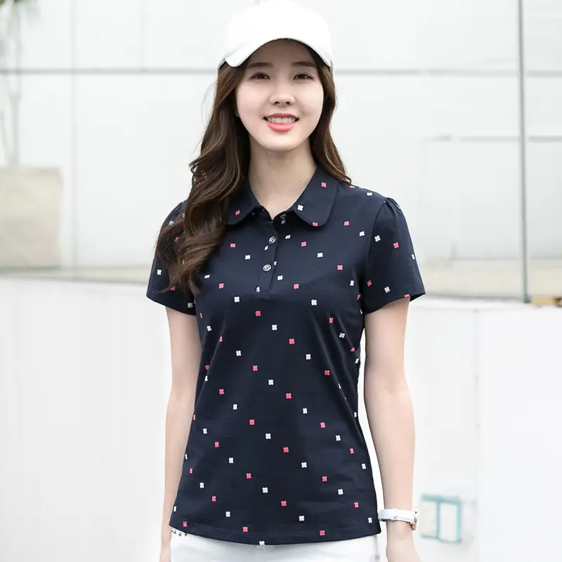 Women Printed Polo Shirt Spring Summer Casual White Red Black