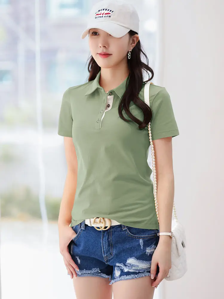 Women Slim Fit Korean Polo Shirt Summer Gray Short Sleeve