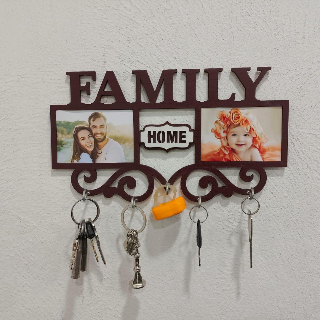 Family Wall Art Key Holder Brown MDF 5-Piece Set
