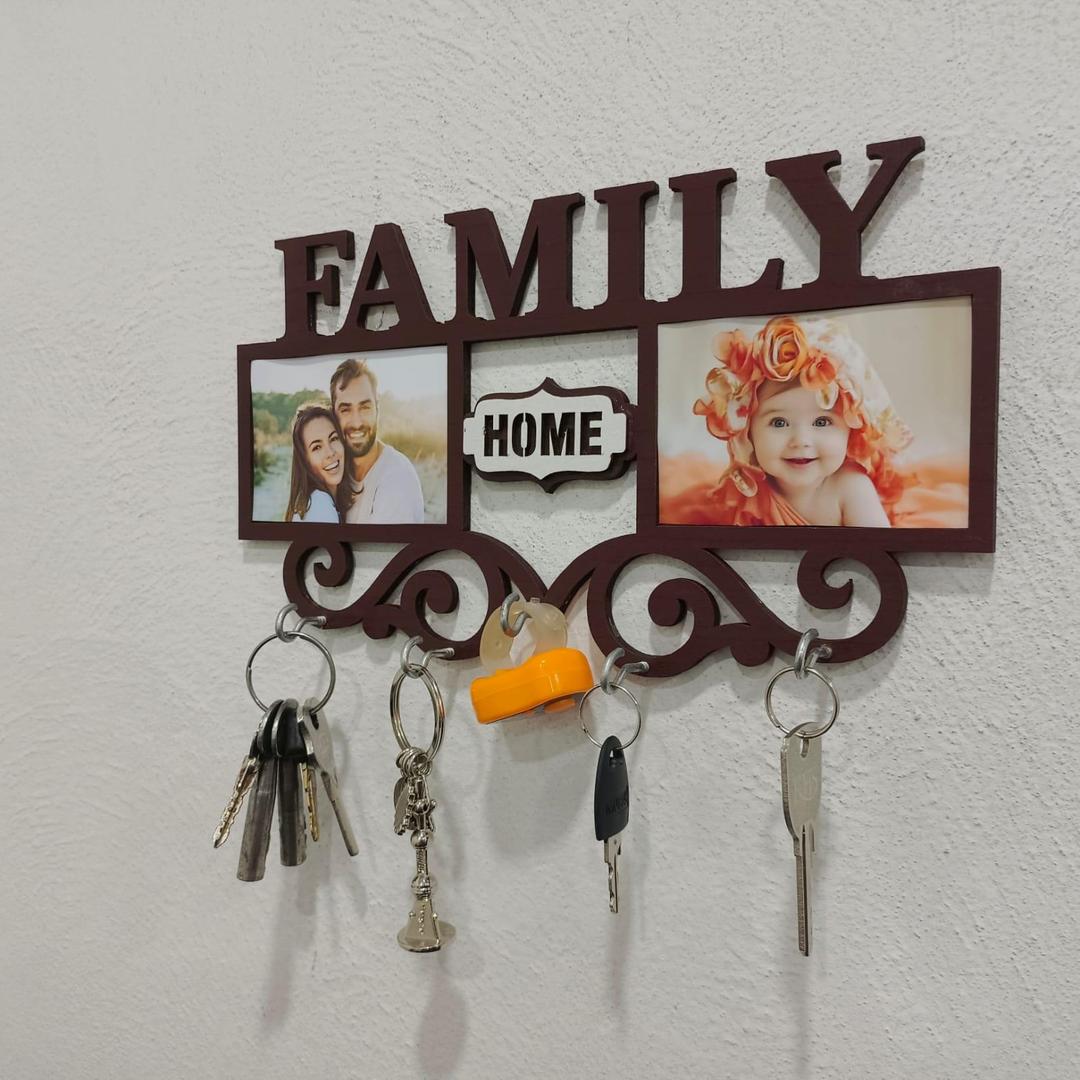 Family Wall Art Key Holder Brown MDF 5-Piece Set