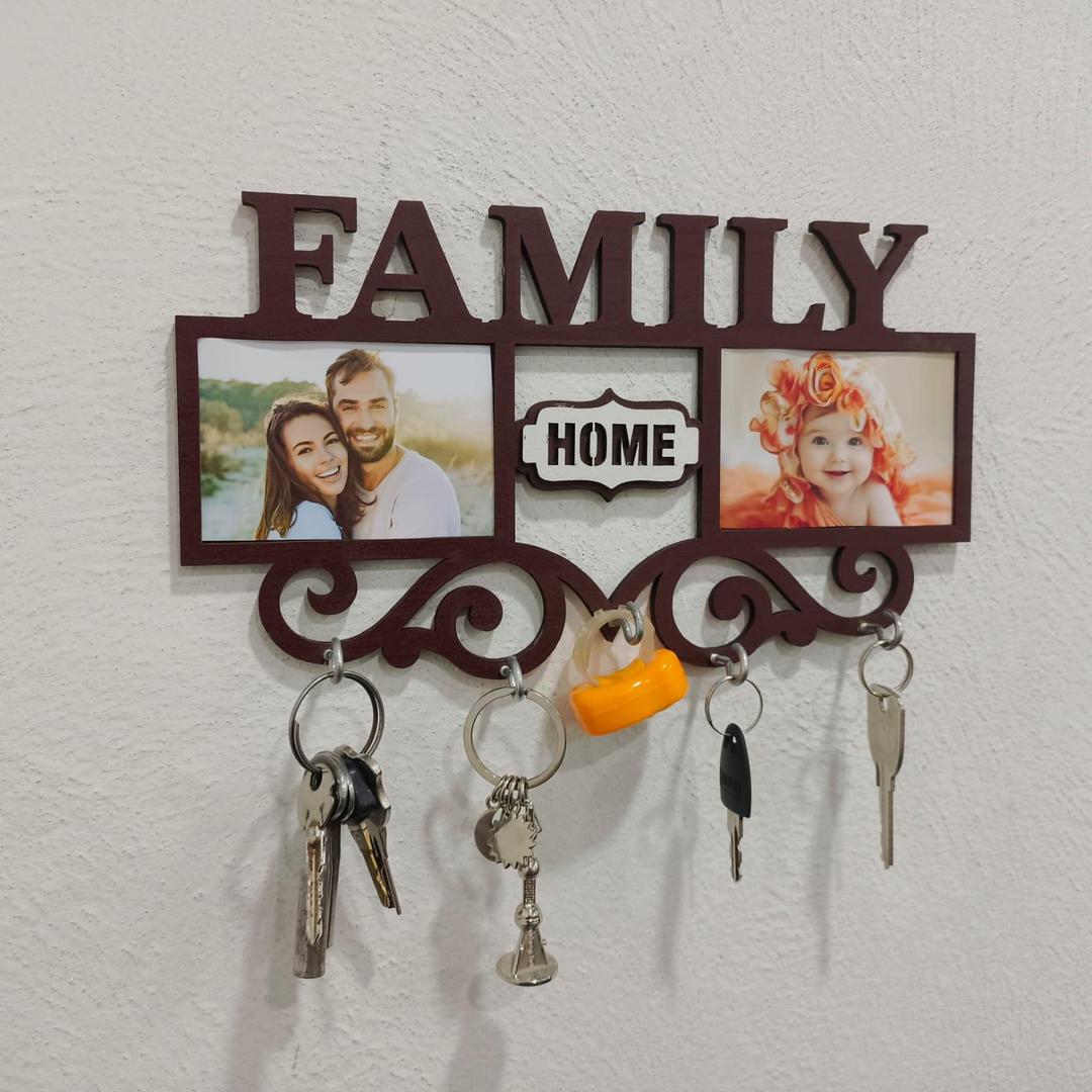 Family Wall Art Key Holder Brown MDF 5-Piece Set