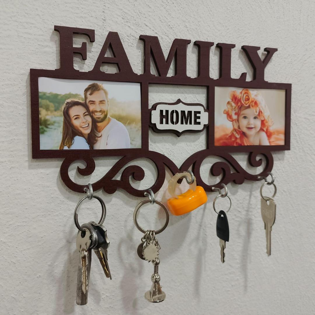 Family Wall Art Key Holder Brown MDF 5-Piece Set