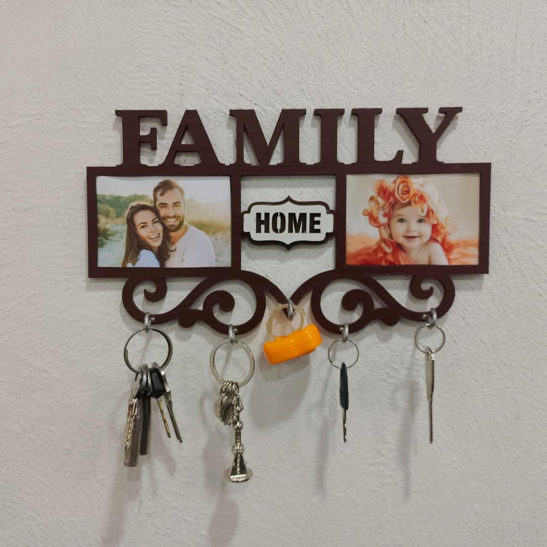 Family Wall Art Key Holder Brown MDF 5-Piece Set