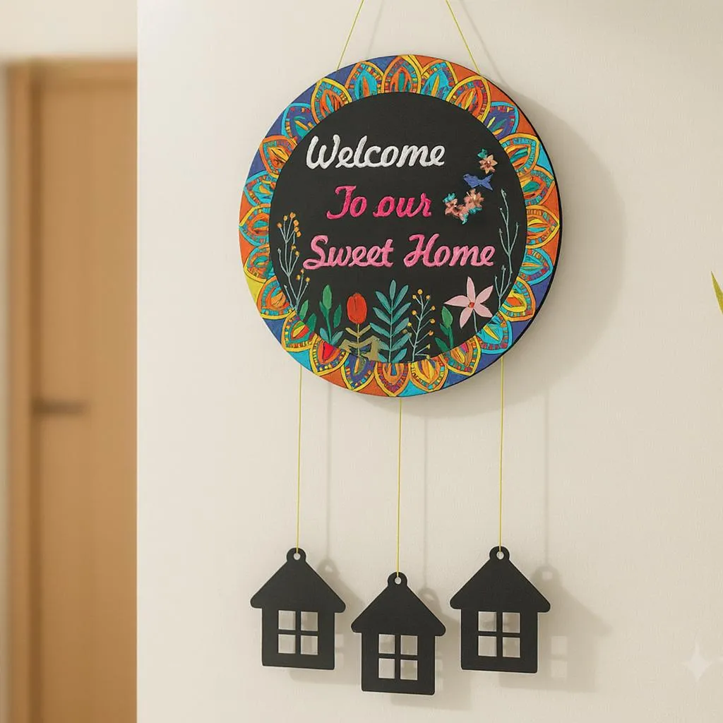 Welcome Home Wall Hanging with 3D House Charms, Black Mandala Floral Art, 28" Height