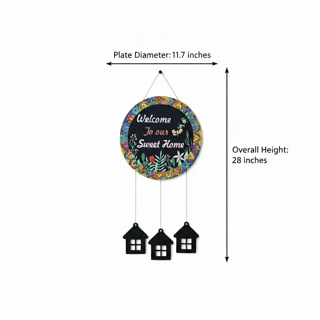 Welcome Home Wall Hanging with 3D House Charms, Black Mandala Floral Art, 28" Height
